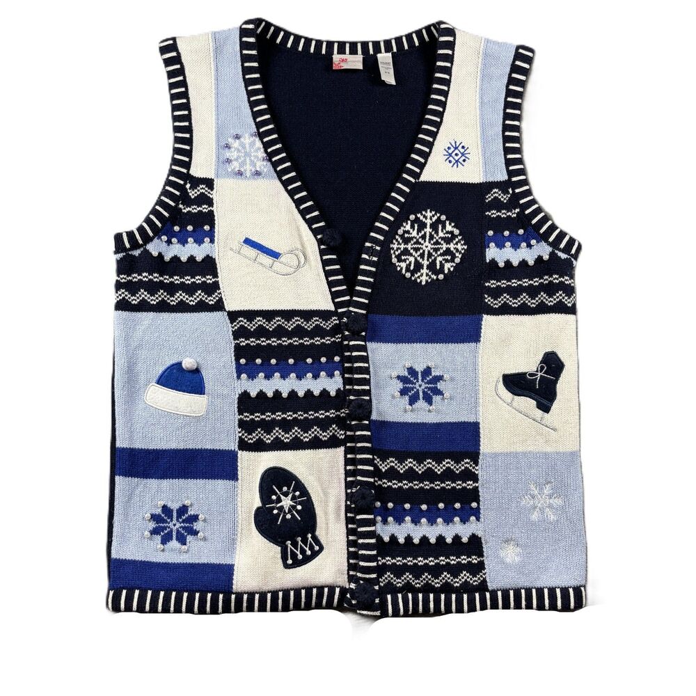 Holiday Editions Women Sweater Vest Vintage Winter Patchwork Snow Blue Med Q178